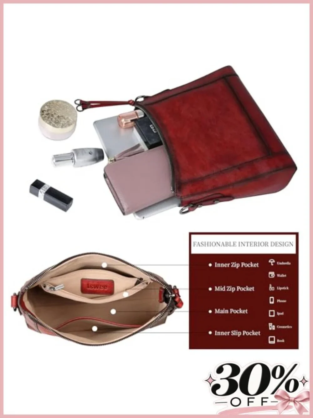 Genuine Leather Crossbody Shoulder Bag Adjustable Strap Everyday Purse
